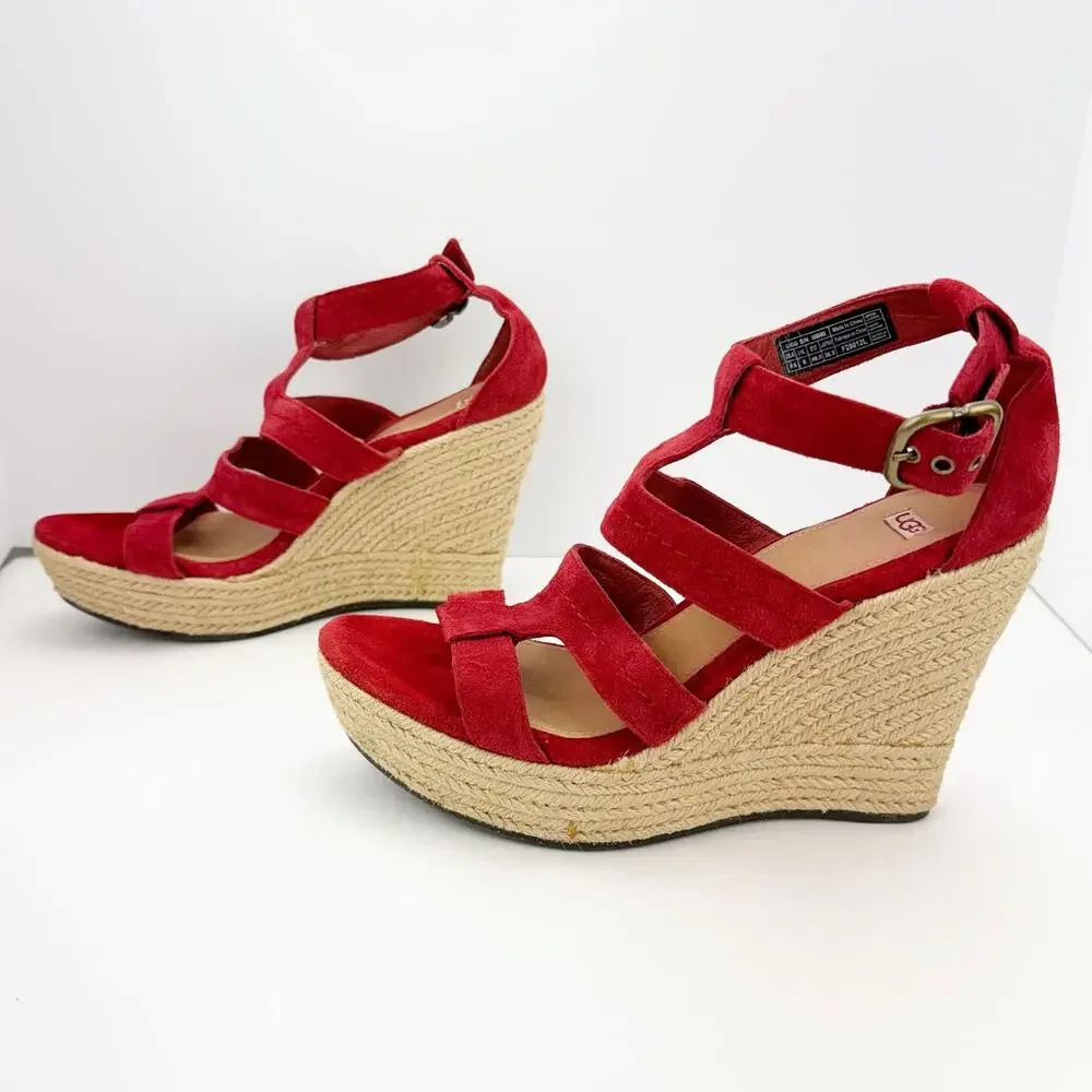Ugg‎ Red Lauri Suede Leather Espadrille Platform Wedge Sandals Sz 9.5